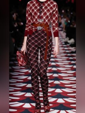 MiuMiu Plaid Wool Sleevless Footed Jumpsuit in Burgundy and Black Size 40